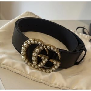 Gucci Marmont GG Pearl Black Calfskin Leather Belt Size 80MM